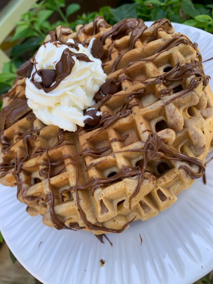 a waffle topped with whipped cream and chocolate on a white plate next to green leaves