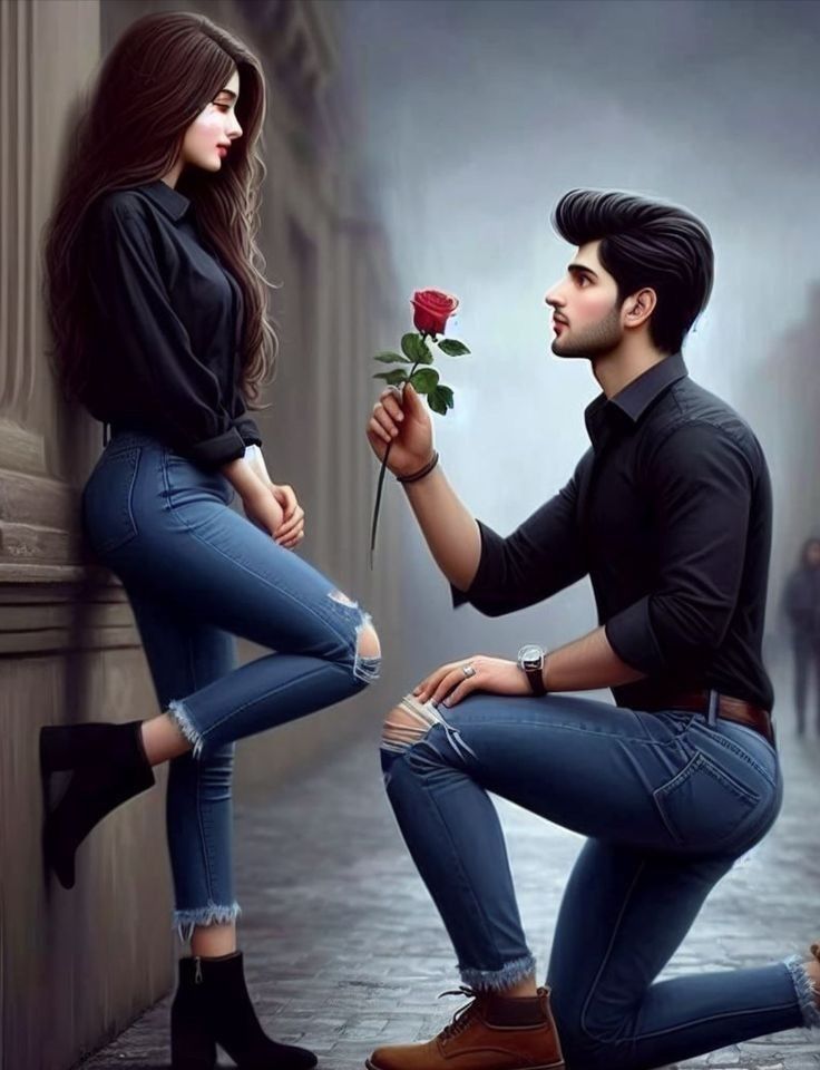 a man kneeling down next to a woman holding a rose