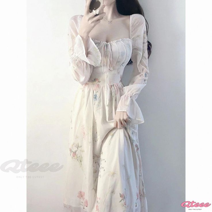 Floral Chiffon Maxi Dress for Tea Party Aesthetic Gowns Prom, Venus Flowers, Delicate Outfits, Pretty Princess Dresses, Flowers Fairycore, Long Dress With Long Sleeves, Fairycore Princess, Flower Outfit, Flared Dresses