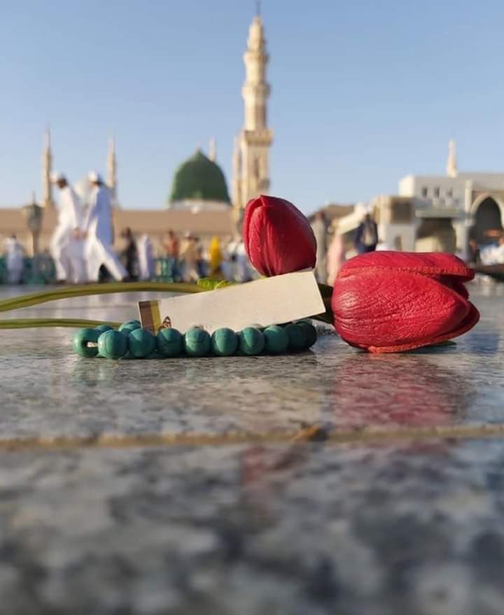 two tulips and a name tag on the ground in front of a mosque