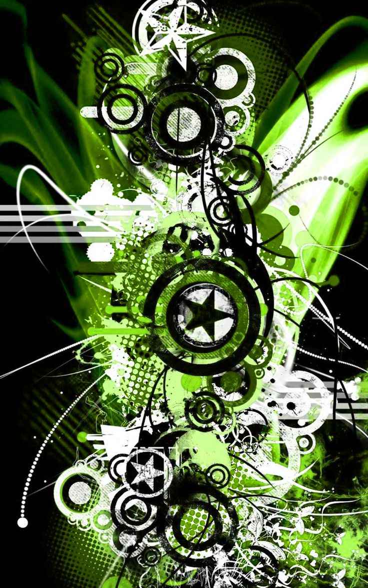 an abstract green and black background with swirls, circles, and stars on it