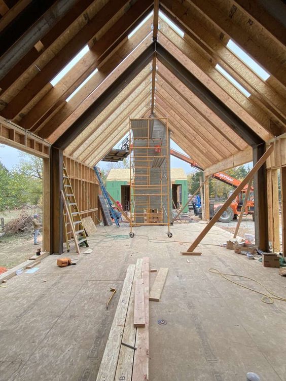 the inside of a house being built with wooden beams