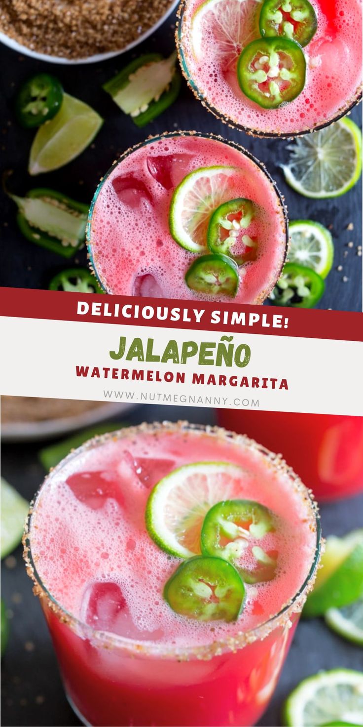 two glasses filled with watermelon margaritas next to lime slices and sliced jalapenos