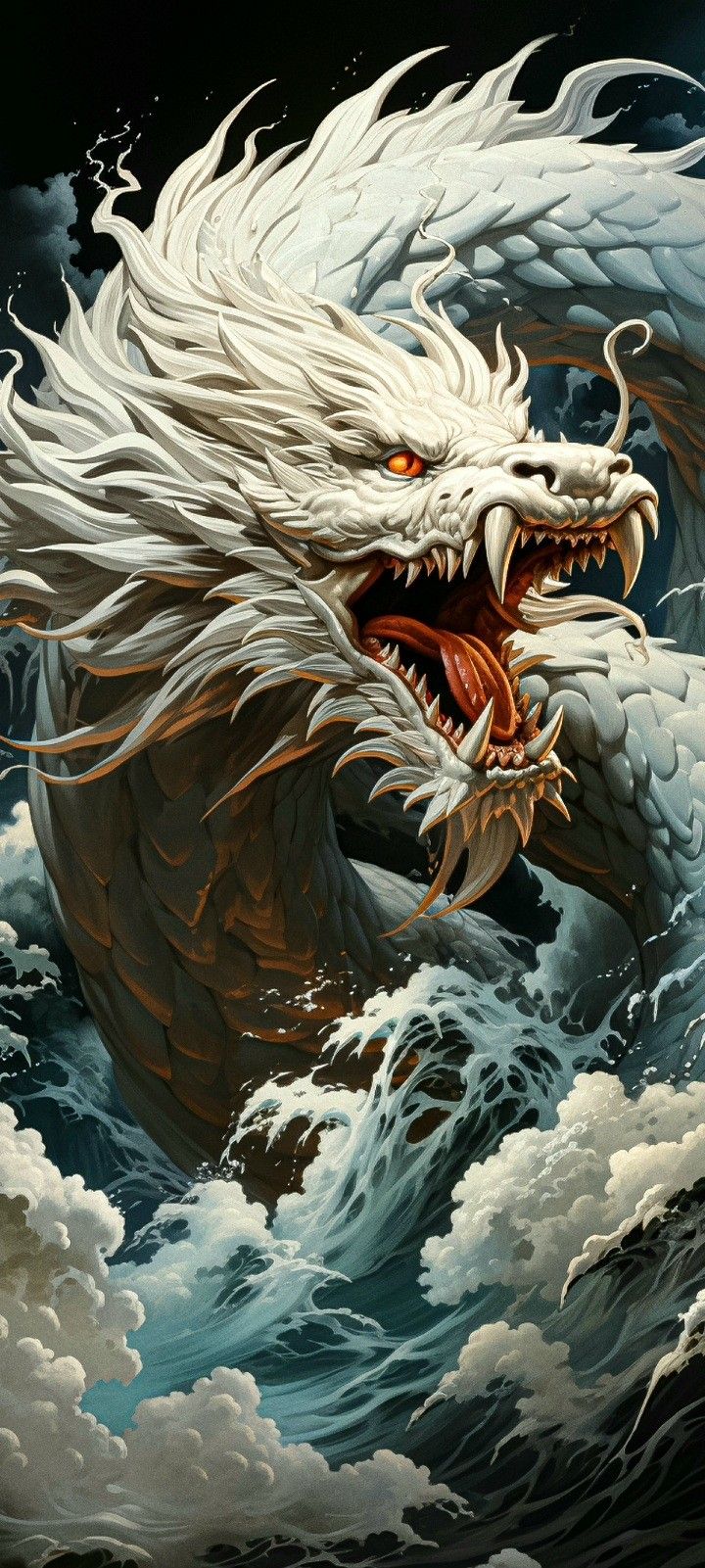 a painting of a white dragon with its mouth open in the air above some clouds