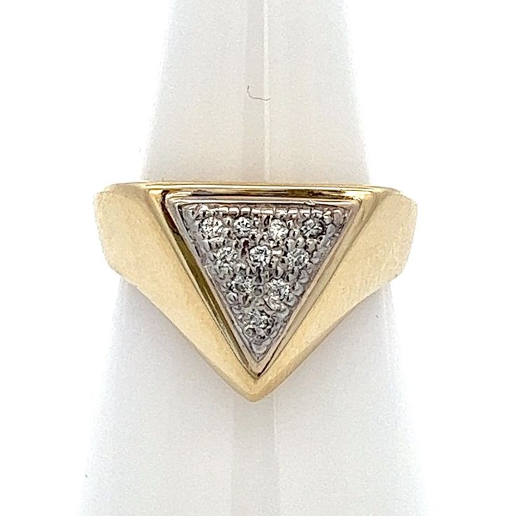 Solid 14k Gold Triangle Ring With Diamonds  ~ Gay Lesbian  LGBTQ  Pride Ring - Size 6 -  ET1797 Heavy solid 14k yellow gold ring with genuine/ natural  diamonds. Signed by the designer. Ring Size: 6- can be resized Metal Content: 14k yellow gold Face Height: 12mm Rise Above Finger: 5mm Band / Shank Width: tapers to 2mm Diamonds: 10 Round Brilliant Cut Diamonds Carat: .10 CTW Clarity: SI1 Color: G/H Weight: 8.75 Grams Stamps: 14k  Signed: Shari Altman Condition: Excellent Condition Each piece is Triangle Ring Design, Luxury Gold Trillion Cut Rings, Luxury Trillion Cut Gold Rings, Trillion Cut Diamond Ring In 14k Yellow Gold, Fine Jewelry With Trillion Cut In Gold, Gold 14k Trillion Cut Diamond Ring, Gold Trillion Cut Fine Jewelry, Fine Jewelry Gold Trillion Cut, Fine Jewelry Yellow Gold Trillion Cut Ring