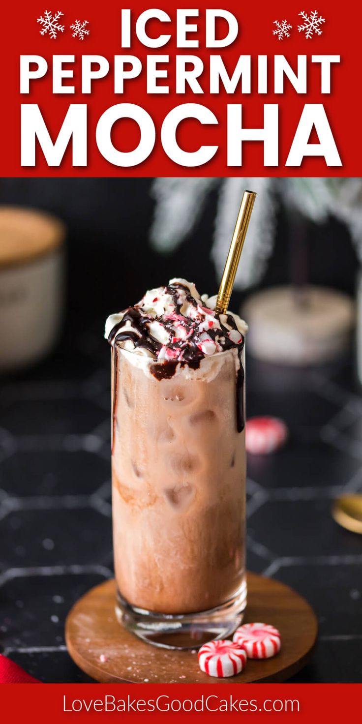 an iced peppermint mocha in a glass with candy canes on the side