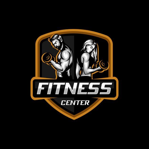 a logo for a fitness center with two people holding dumbs and the words fitness center