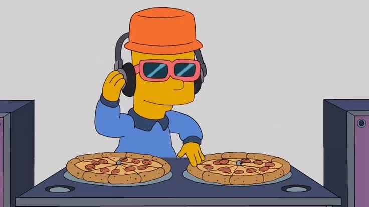 the simpsons is wearing headphones and holding pizzas in front of his face as he listens to music