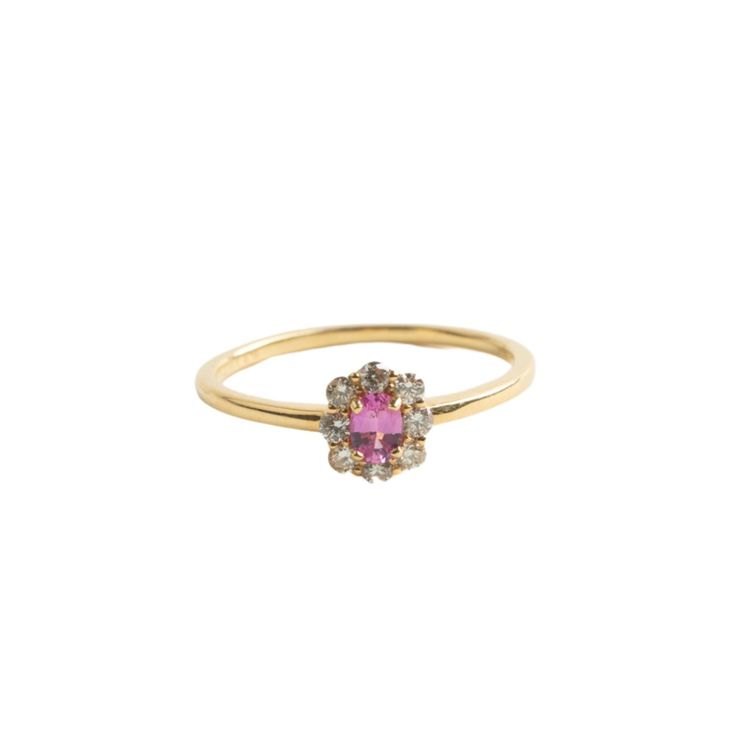 Our Regina pink sapphire symbolizes a beautiful blend of love, compassion, and emotional strength, making it a meaningful and cherished gemstone for both personal and romantic connections. Materials: 18K Solid Gold .22ct. Oval Pink Sapphire. .19 ct. Round Diamond.  Care Instructions:  Storage: Store your jewelry in a cool, dry place, preferably in a fabric-lined jewelry box or pouch. Keep pieces separate to avoid scratching. Avoid Chemicals: Keep your jewelry away from harsh chemicals, such as bleach, chlorine, and household cleaners. These can damage metals and dull gemstones. Regular Cleaning: Clean your jewelry regularly with appropriate methods to maintain its brilliance and prevent buildup of oils and dirt. Fine Jewelry Yellow Gold Pink Sapphire Diamond Ring, Pink Sapphire Ring With Halo, Yellow Gold Diamond Ring With Rose Cut Pink Sapphire, Fine Jewelry Yellow Gold Diamond Ring With Pink Sapphire, Wedding Pink Sapphire Ring In Yellow Gold, Wedding Yellow Gold Pink Sapphire Ring, Yellow Gold Pink Sapphire Gemstone Ring, Pink Sapphire Birthstone Ring For Weddings, Fine Jewelry Pink Sapphire Birthstone Ring For Wedding