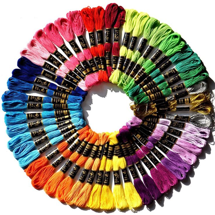 many colors of thread are arranged in a circle on a white background with black handles