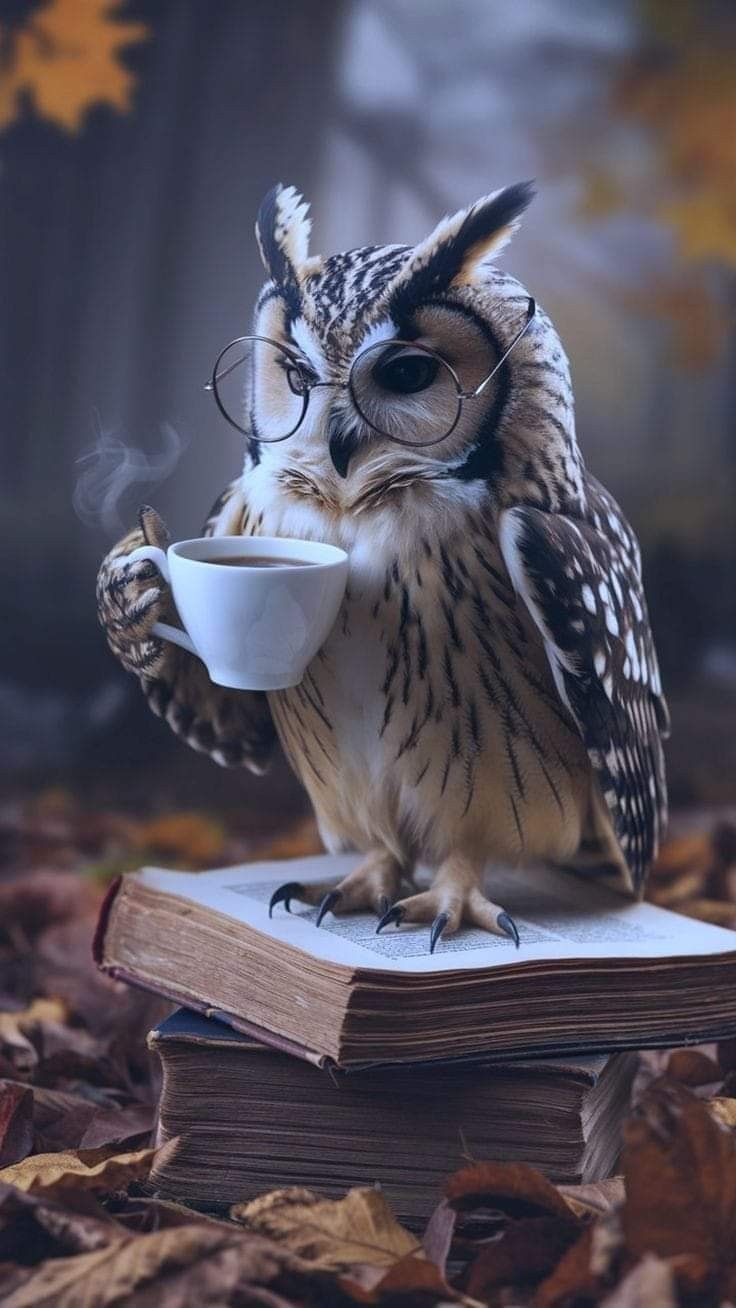 an owl sitting on top of a book drinking from a cup