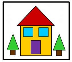 a drawing of a house with trees in the front and bottom corner, on a white background