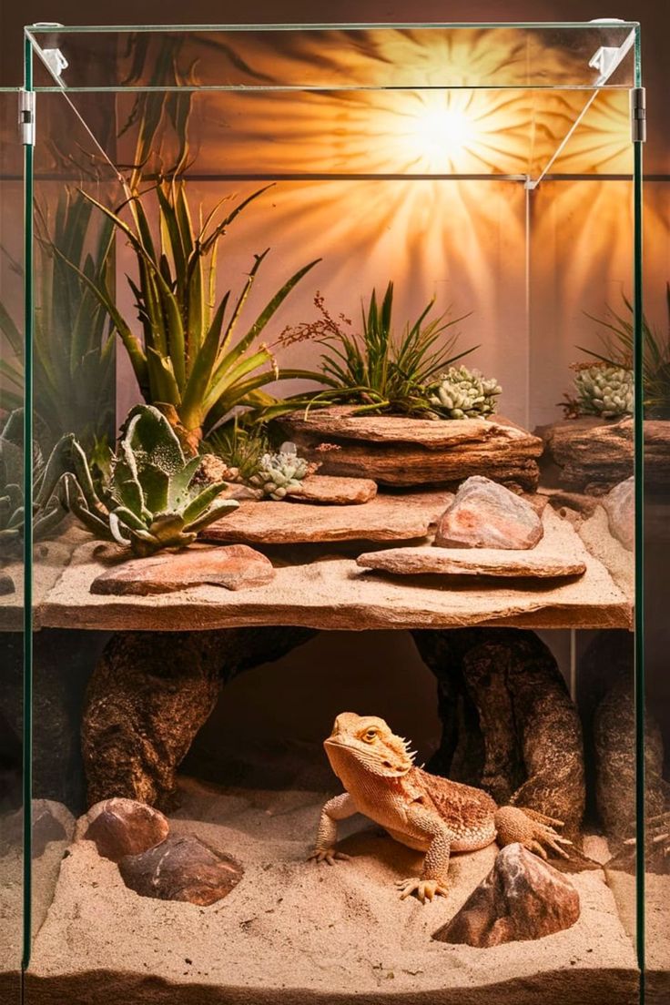 a display case with plants and rocks in the center, including an iguana