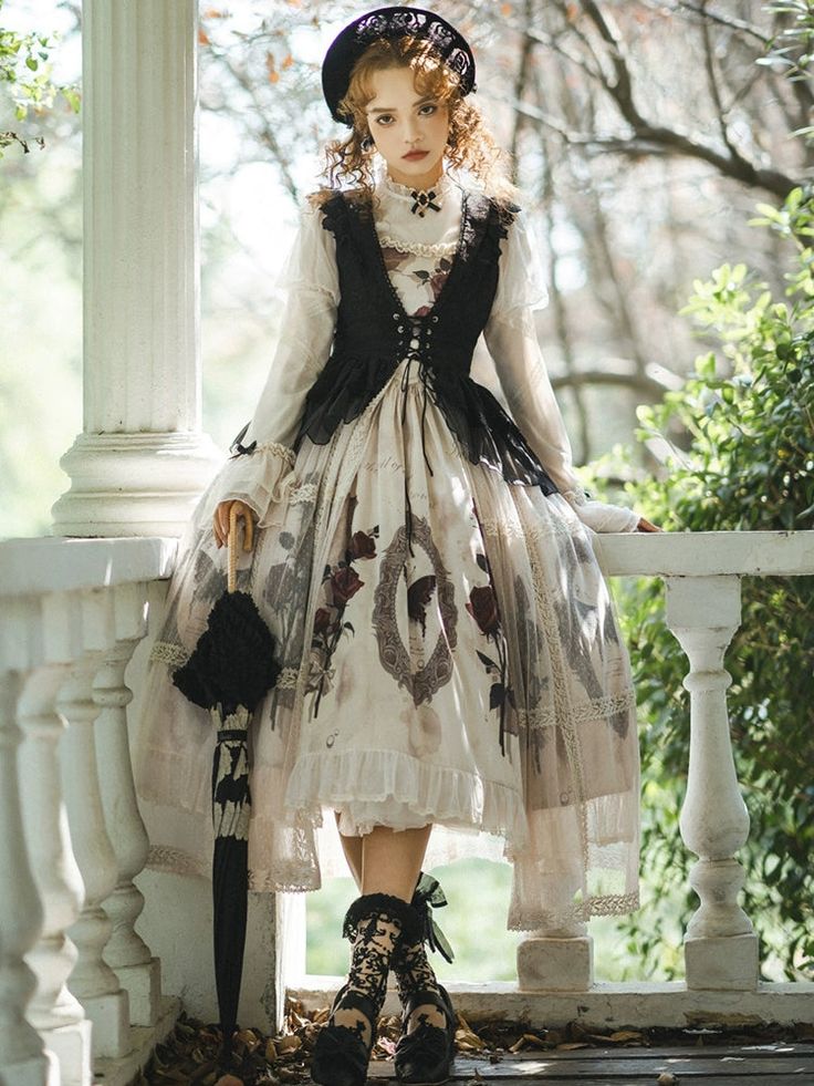 ❤︎Classic Elegant Gothic Dark French Top + Suspender Dress + Vest Tulle Skirt❤︎ Romantic Photoshoot, Elegant Gothic, Chiffon Overlay, Apron Dress, Ruffled Collar, Vest Fashion, Lace Hem, Kawaii Clothes, Everyday Dresses