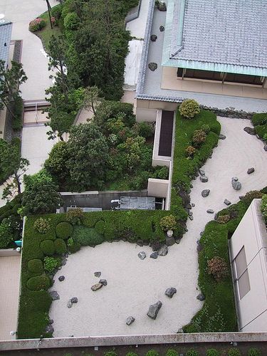 an aerial view of a house and garden