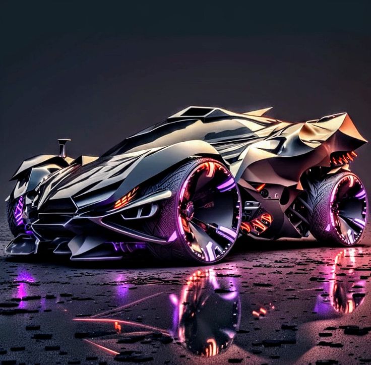 a futuristic car with purple lights on it's wheels and rims is shown in the dark