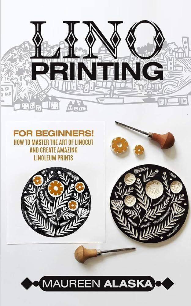 an advertisement for the art of lino printing, featuring two circular plates with flowers and leaves on them