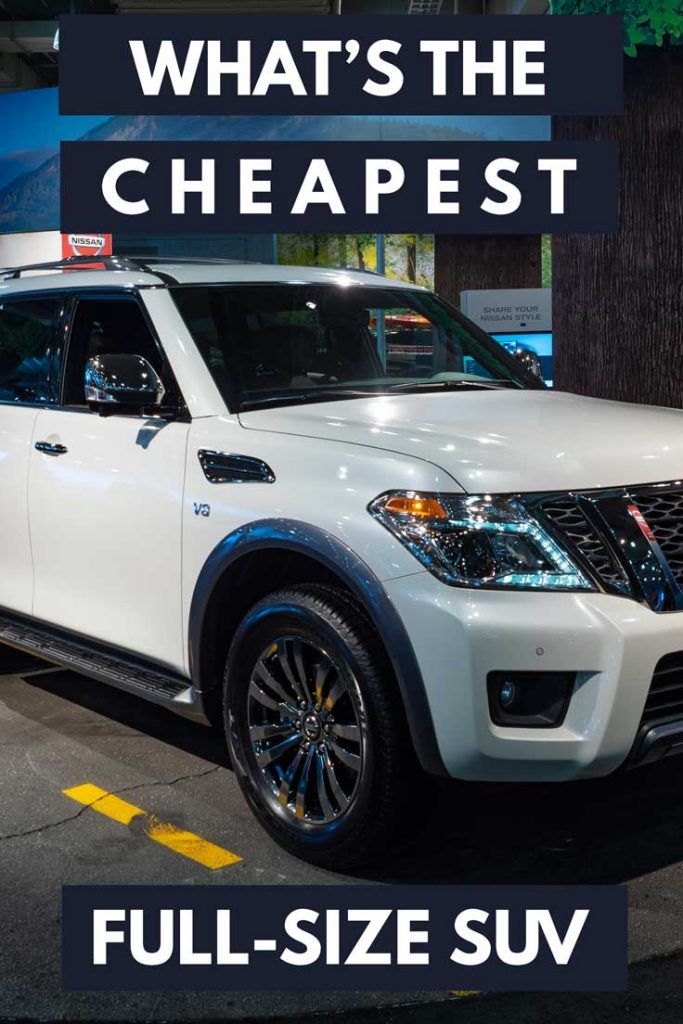 a white nissan suv is on display at an auto show that says, what's the cheapest full - size suv?