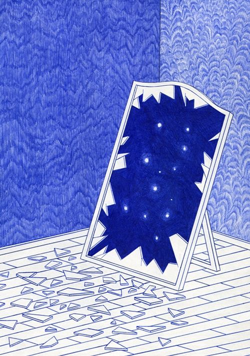 a blue and white drawing of a mirror on the floor