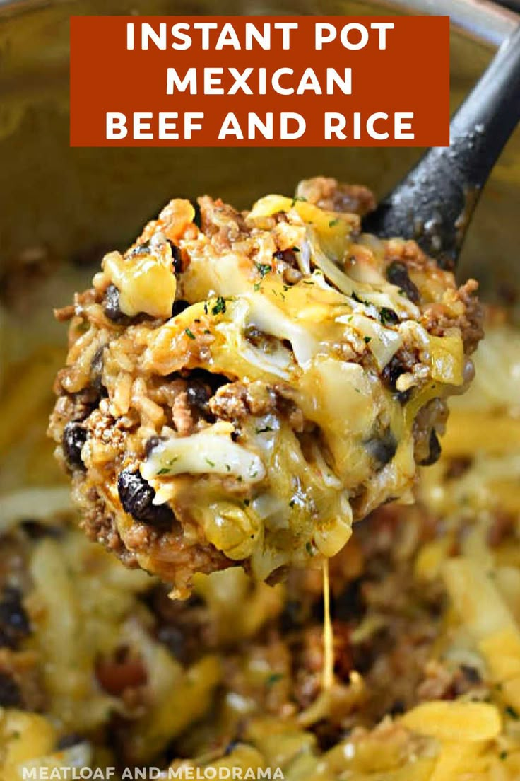 a spoon full of mexican beef and rice casserole with the title above it