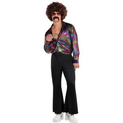 a man with curly hair and moustaches is dressed in a disco costume