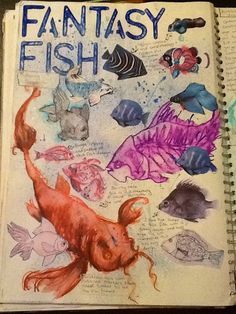 an open book with drawings of fish on it