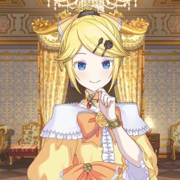 an anime character with blonde hair and blue eyes wearing a yellow dress in front of a chandelier