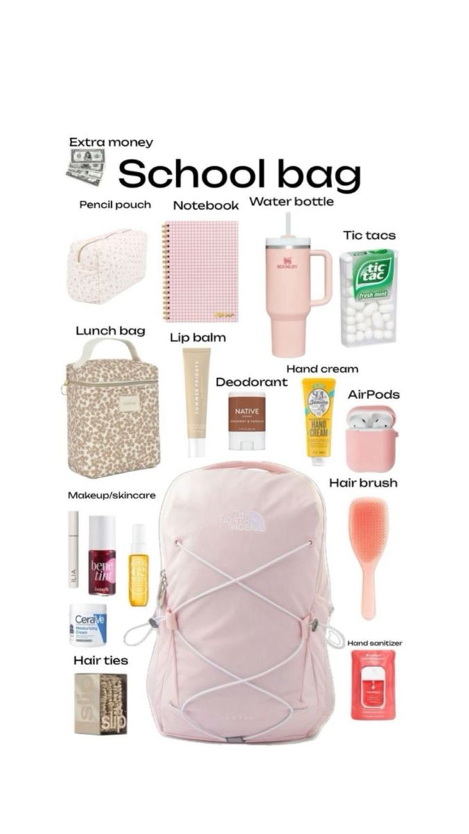 the contents of a pink backpack are shown