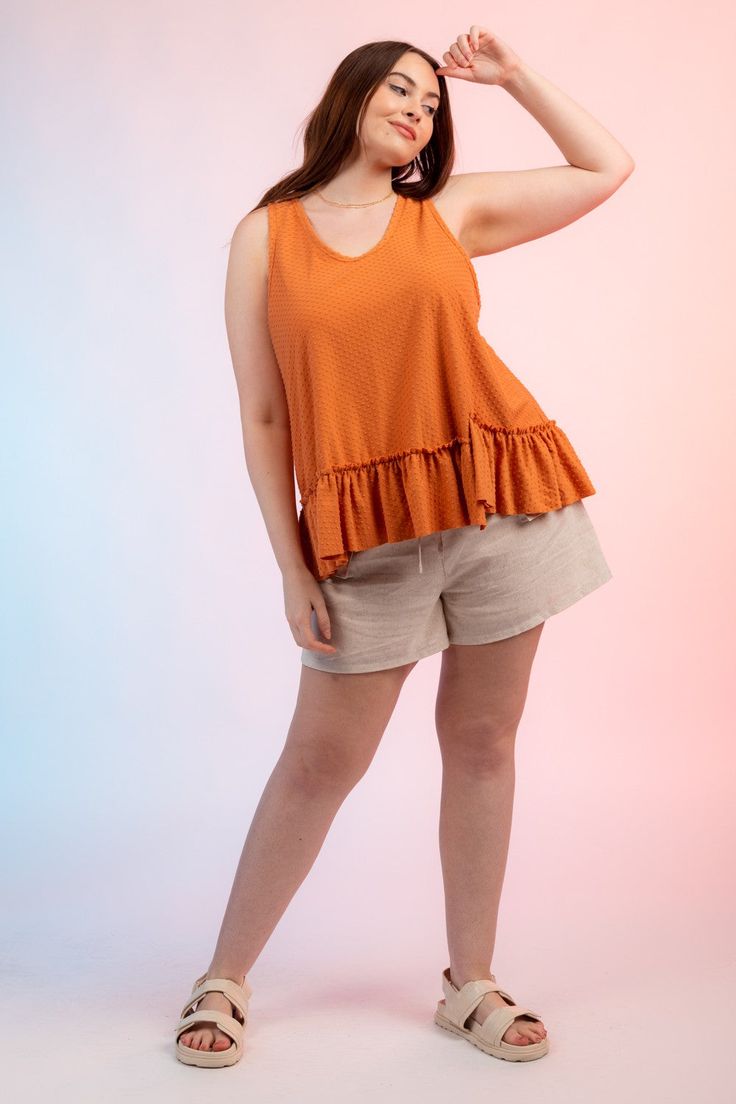 **REGULAR SIZE Search for NT11016** -PLUS SIZE Sleeveless Dotted Swiss Ruffle Hem Top-Dotted Swiss Knit Fabric-Lettuce Edge Ruffle Hem-Scoop Neckline76% Polyester 24% Rayon(Model height: 5'10", wearing a 1XL) Summer Sleeveless Tank Top With Ruffle Hem, Sleeveless Polka Dot Tops For Vacation, Sleeveless Polka Dot Top For Beach, Casual Sleeveless Tank Top With Ruffle Hem, Orange Sleeveless Ruffled Top, Hem Top, Ruffle Hem, Model Height, Lettuce