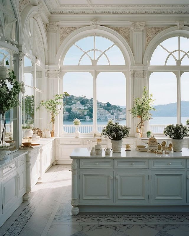 a large kitchen with an island in the middle and lots of windows on both sides