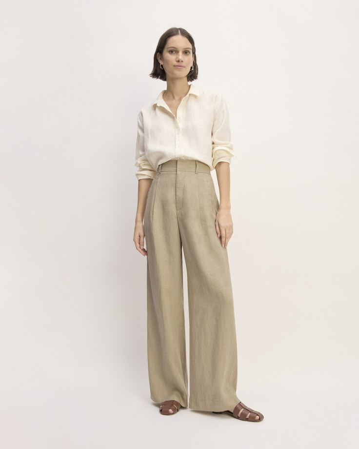 The Linen Way-High® Drape Pant Wide Leg Linen Pants Outfit, Beige Linen Pants Outfit, Everlane Outfit, Linen Suit Women, Women Oversized Shirt, Womens Cargo Shorts, White Linen Pants Outfit, Cargo Shorts Outfit, High Waisted Linen Pants