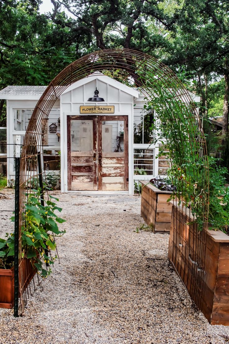 an outdoor garden with lots of plants and wooden planters in front of a white building