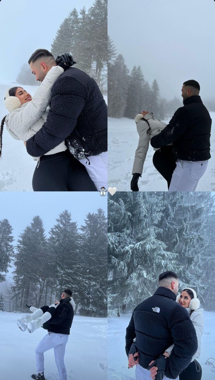 two people standing in the snow with their arms around each other and one person hugging