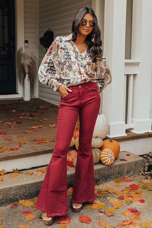 The Rory High Waist Flares in Wine Burgundy Bell Bottoms Outfit, Colorful Western Outfits, Casual Red Flare Jeans, Red Flare Pants Outfit Western, Trendy Red Flare Jeans, High Waist Red Flare Jeans, Western Business Casual, Red Jeans Outfit, Jeans For Tall Women