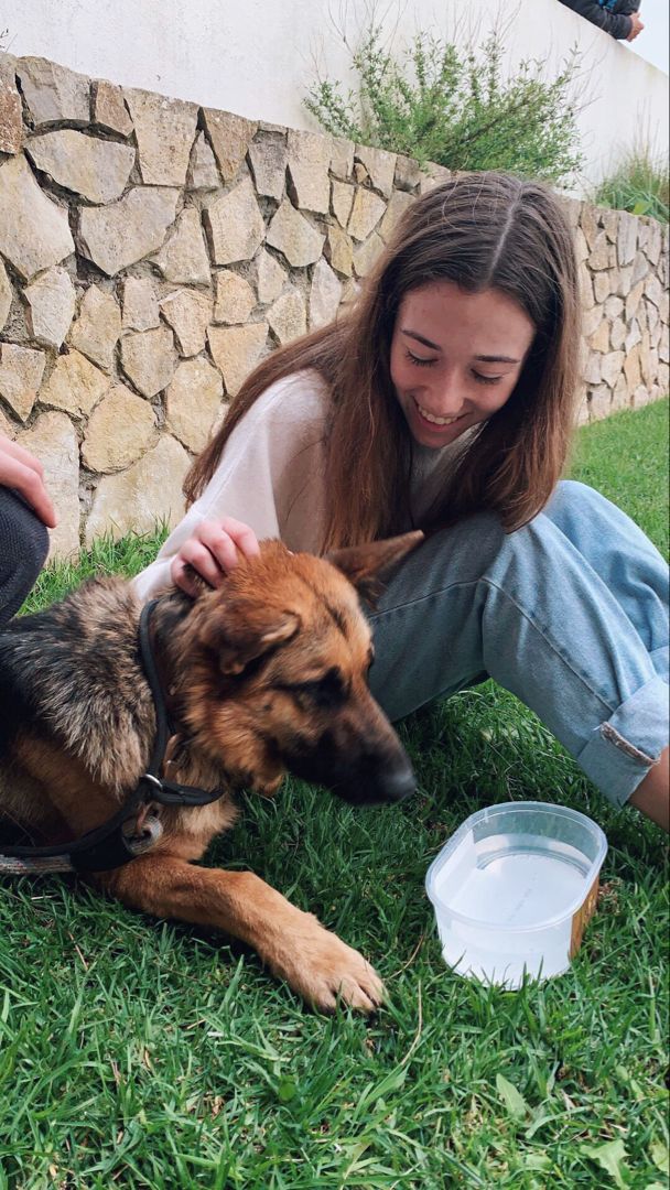 a woman sitting on the grass with her dog and water bowl in front of her