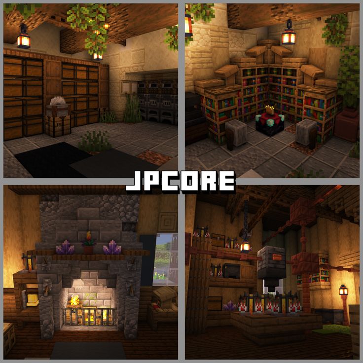 three different views of a room with bookshelves, fireplace and other items in it