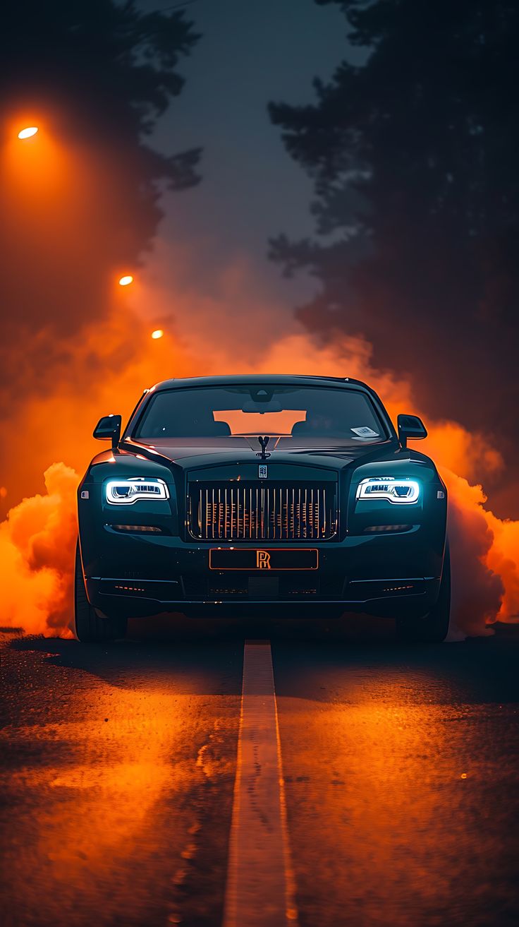 A luxurious black Rolls Royce against a dark backdrop, with orange smoke billowing and white headlights casting shadows on the highway road. Black Rolls Royce, Garage Mural, Rolls Royce Wallpaper, Rolls Royce Black, Home Screen Wallpaper Hd, Casting Shadows, Luxury Cars Rolls Royce, Dream Cars Mercedes, Amoled Wallpapers