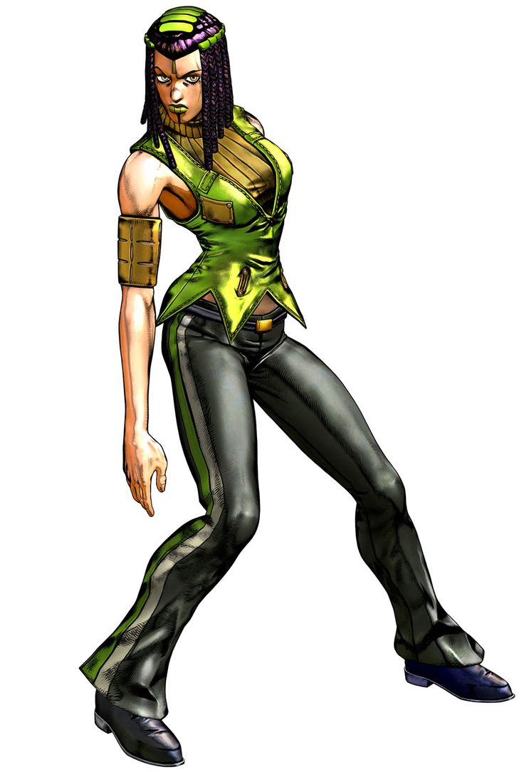 an animated character in green and black clothes