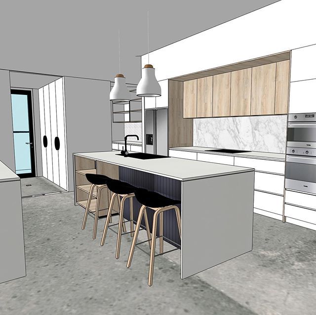 a rendering of a kitchen with stools and an island in the middle is shown