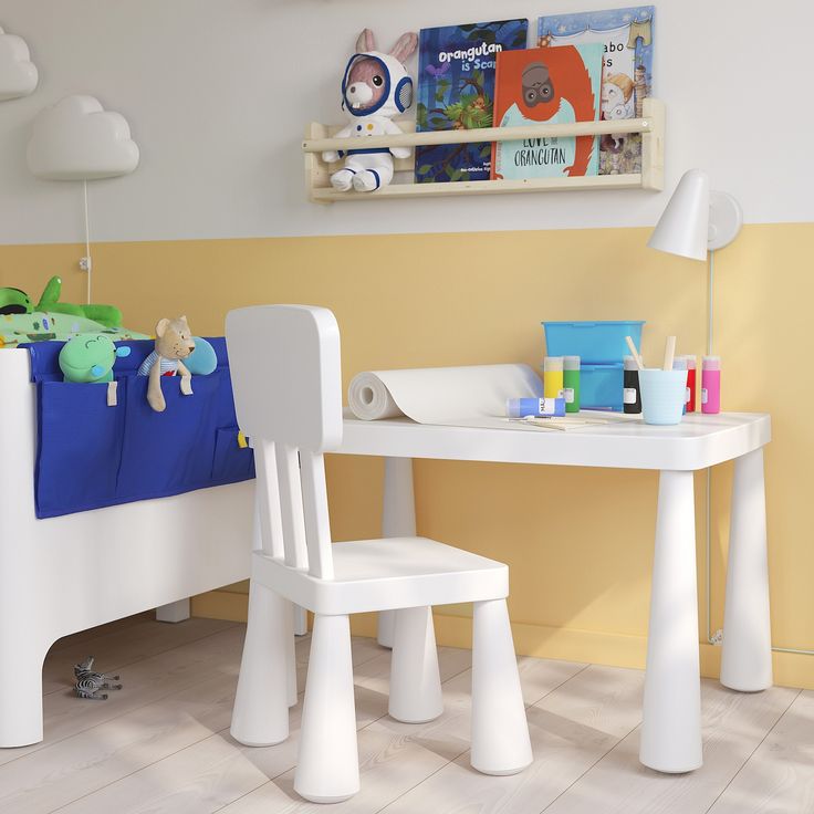 a child's desk and chair in a room with yellow walls, white flooring and wooden floors