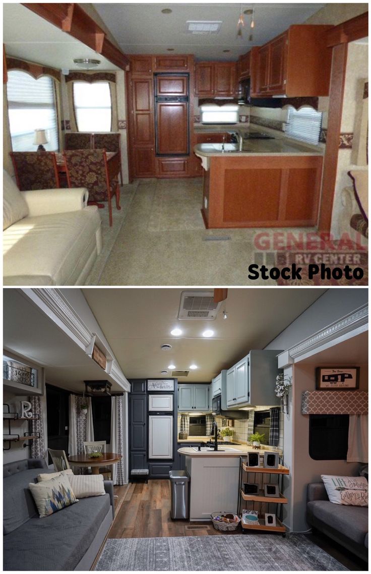 before and after photos of a mobile home kitchen, living room and dining room area