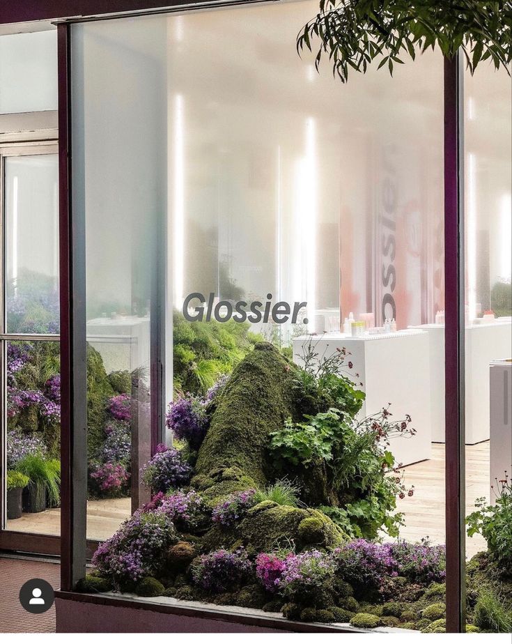 a display case filled with lots of plants and moss growing on the side of it