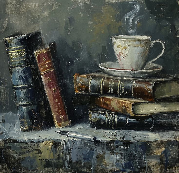 Oil Painting: Books and Coffee Still Life Oil Painting For Gift, Books Canvas Painting, Painting Ideas Dark Academia, Book Paintings On Canvas, Old Oil Paintings Aesthetic, Coffee And Book Aesthetic, Book Stack Painting, Cup Of Coffee Painting, Painting Of Books