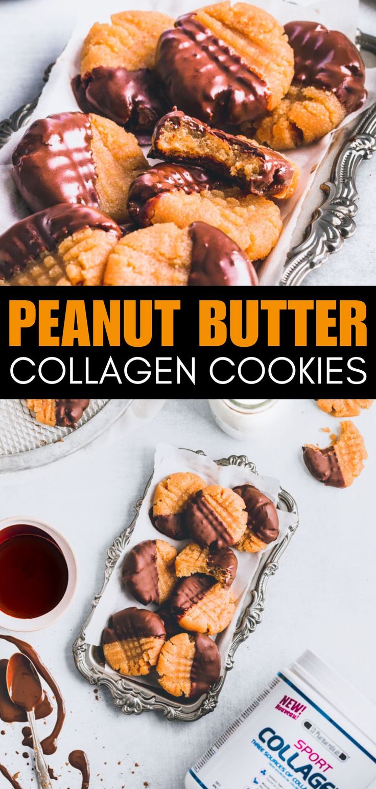 peanut butter collagen cookies with chocolate drizzled on top and in the background