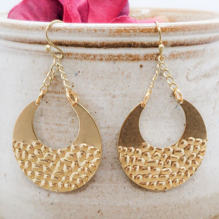 Textured Hammered Crescent Hoop Earrings, Nicki Lynn Jewelry Wilmington Nc, Ear Hook, Gold Texture, Brass Chain, Raw Brass, Clothing Styles, Crescent, Jewelry Ideas, Straw Bag