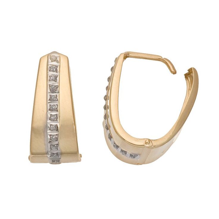 Simply stunning. Diamond accents line these 14k gold U-hoop for incredible style.Earring Details: Length: .75-in. Backings: leverback Metal: 14k goldDiamond Details: Carat total weight: less than 1/10 Cut: roundImage(s) may be enlarged to show detail.Diamond weights are approximate. Diamond total weights may vary between .01 and .08 ct. Some diamonds have fewer than 17 facets.Gemstones may have been treated to enhance their appearance. Special care may be required. Please visit our Gemstone Trea Fine Jewelry Yellow Gold Hoop Earrings Channel Set, Modern Prong Set Huggie Earrings For Formal Events, Classic Baguette Cut Huggie Earrings For Formal Occasions, Elegant Yellow Gold Channel Set Hoop Earrings, Formal 14k Gold Hoop Earrings With Prong Setting, Formal Yellow Gold Channel Set Hoop Earrings, Classic Yellow Gold Channel Set Hoop Earrings, Formal Yellow Gold Baguette Cut Huggie Earrings, Yellow Gold 14k Channel Set Hoop Earrings