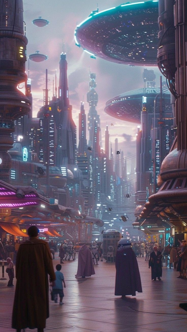 a futuristic city with people walking through it