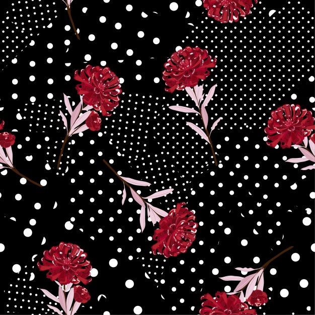 red flowers and white dots on black background