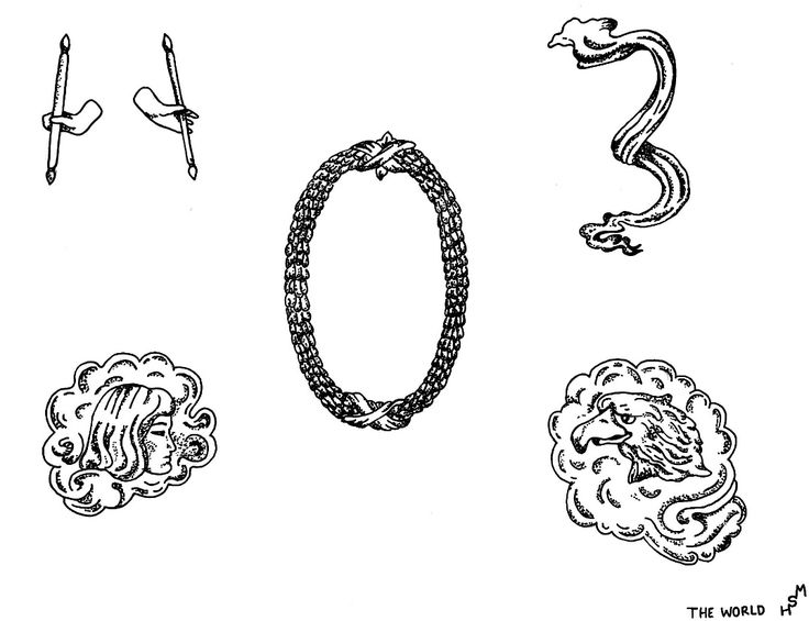 an ink drawing of four different types of bracelets and necklaces with dragon heads on them