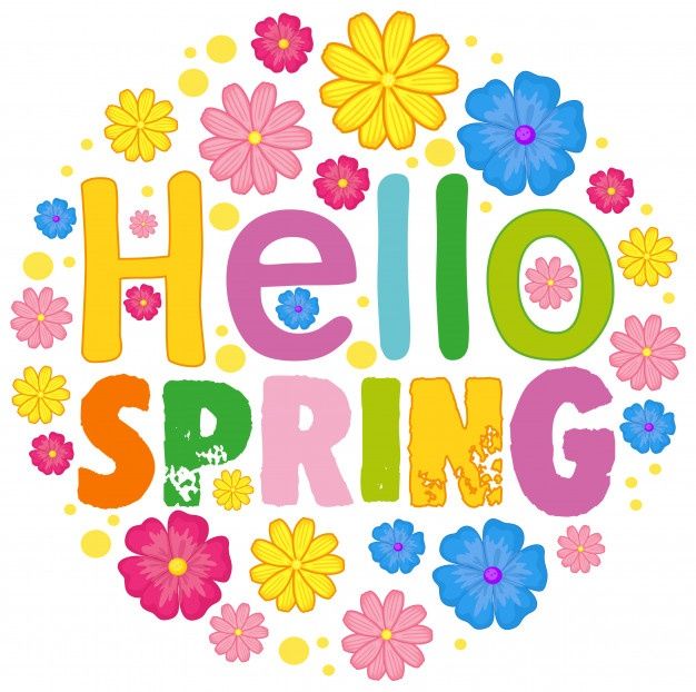 the word hello spring surrounded by colorful flowers